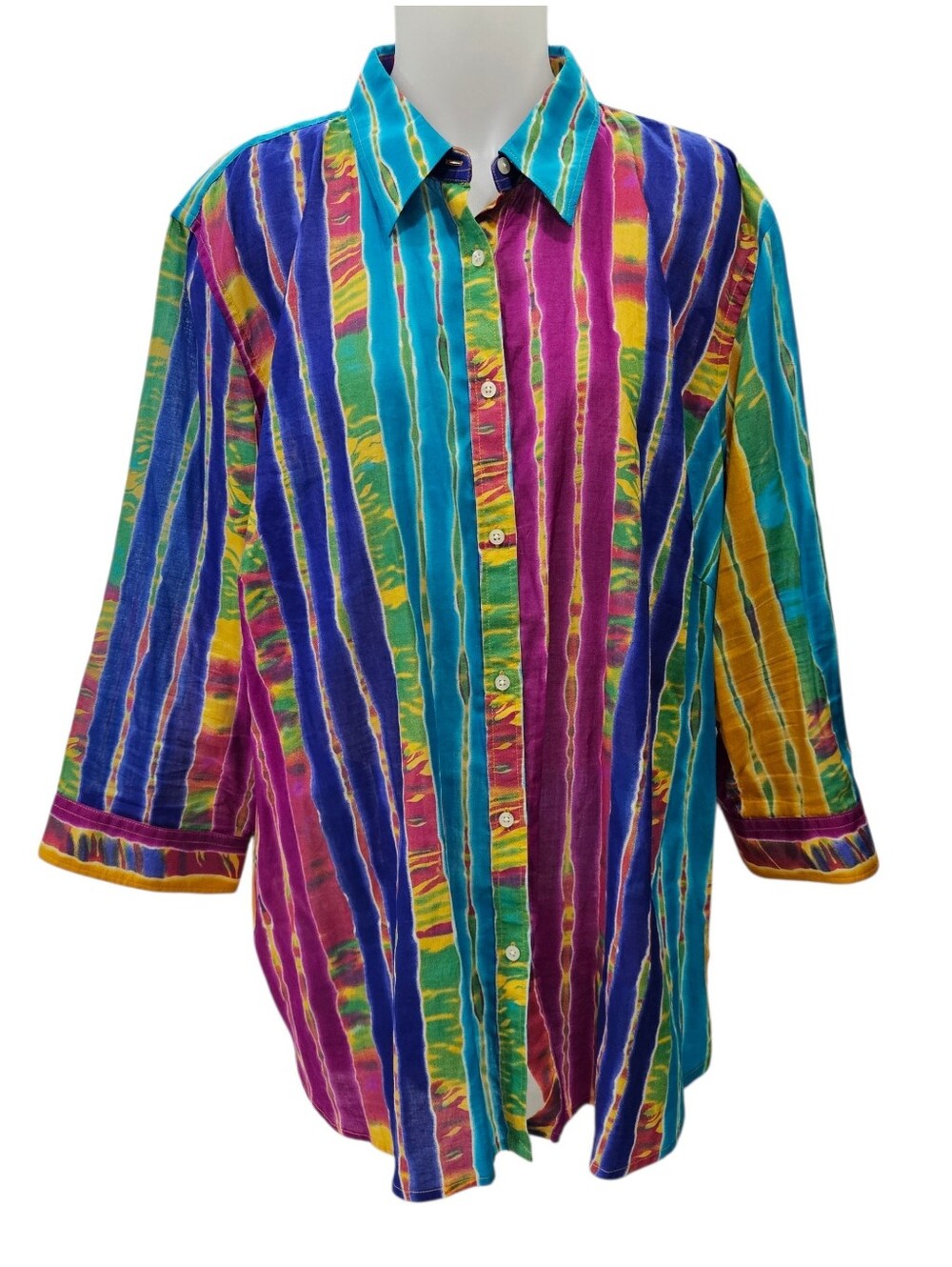 Ralph Lauren Tie Dye Striped Button Up Shirt Cotton 3XL Flowy Bright Resort Vaca